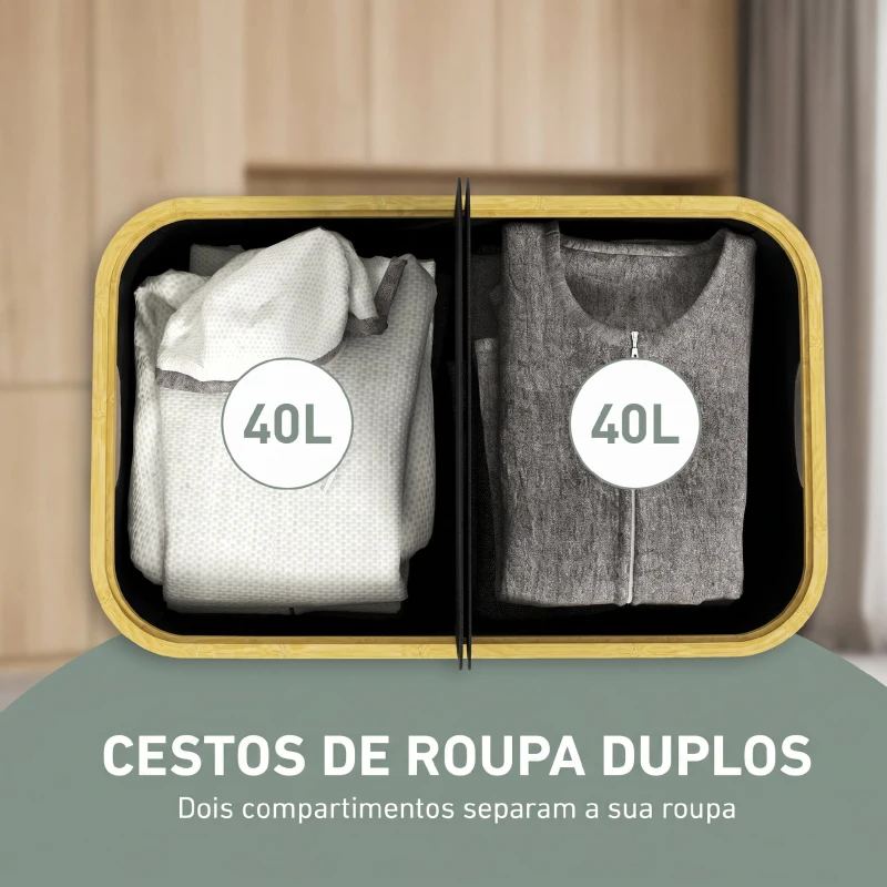 HOMCOM Cesto para Roupa Suja Dobrável com Tampa 80 L em Tecido não Tecido, 2 Compartimentos, Preto