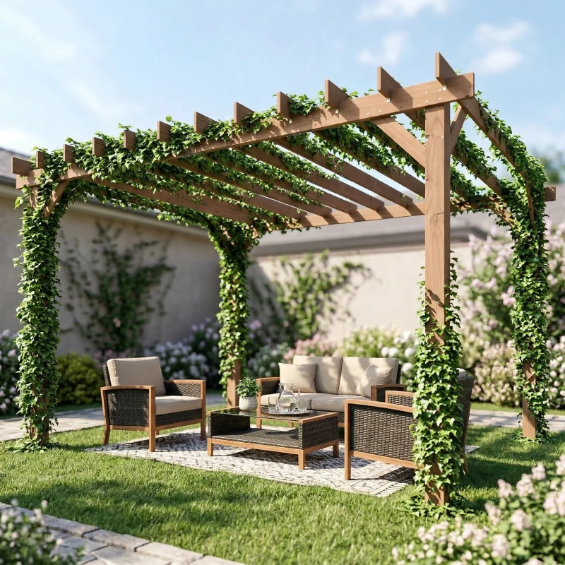 Outsunny 3.6 x 3 m Wooden Pergola Kit, Garden Pergola Gazebo Grape Trellis with Triangle Supports, Maple Wood-effect