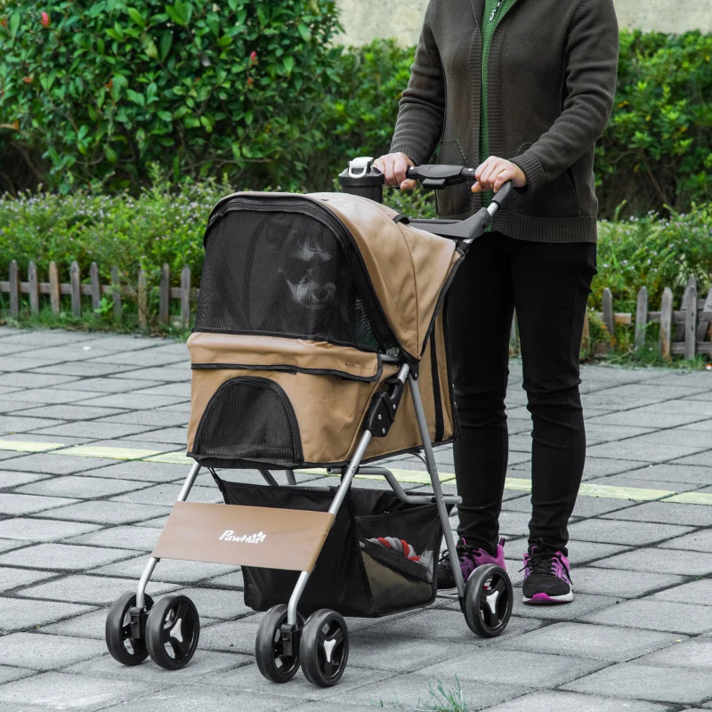 PawHut Passeggino per Cani Taglia Piccola e Mini Pieghevole con Cestino e Portabicchiere, 77x45x99.5 cm, Caffè