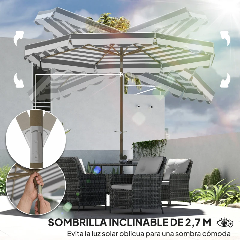 Outsunny Sombrilla Grande con Protección UV 50+ y Toldo Ajustable para Jardín Patio y Terraza Ø2,68x2,37 m Rayas Gris y Blanco