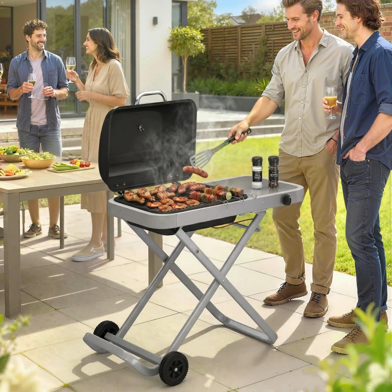 Outsunny Foldable Gas BBQ Grill with Side Table, Portable Gas Barbecue Grill with Thermometer, Grease Box, Wheels, 2.5 kW, Black