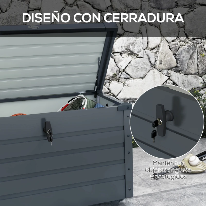 Outsunny Baúl de Almacenaje Exterior de Acero Galvanizado con 4 Ruedas 2 Asas y Tapa con Cerradura 100x62x65 cm Gris Oscuro