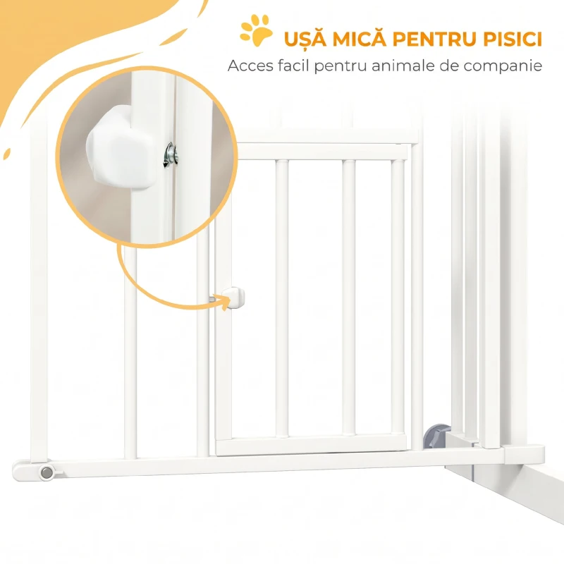 PawHut Uşa de Siguranţă pentru Câini, Barieră pentru Animale de Companie cu Ușă Mică pentru Pisici, 74-100x76 cm, Alb