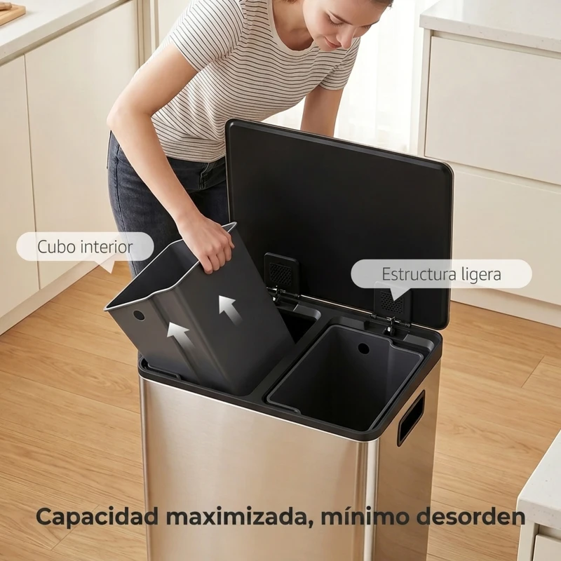 HOMCOM Cubo de Basura de Cocina con 2 Compartimentos 2x30L con Pedal Tapa de Cierre Suave y Cubo Extraíble Plata