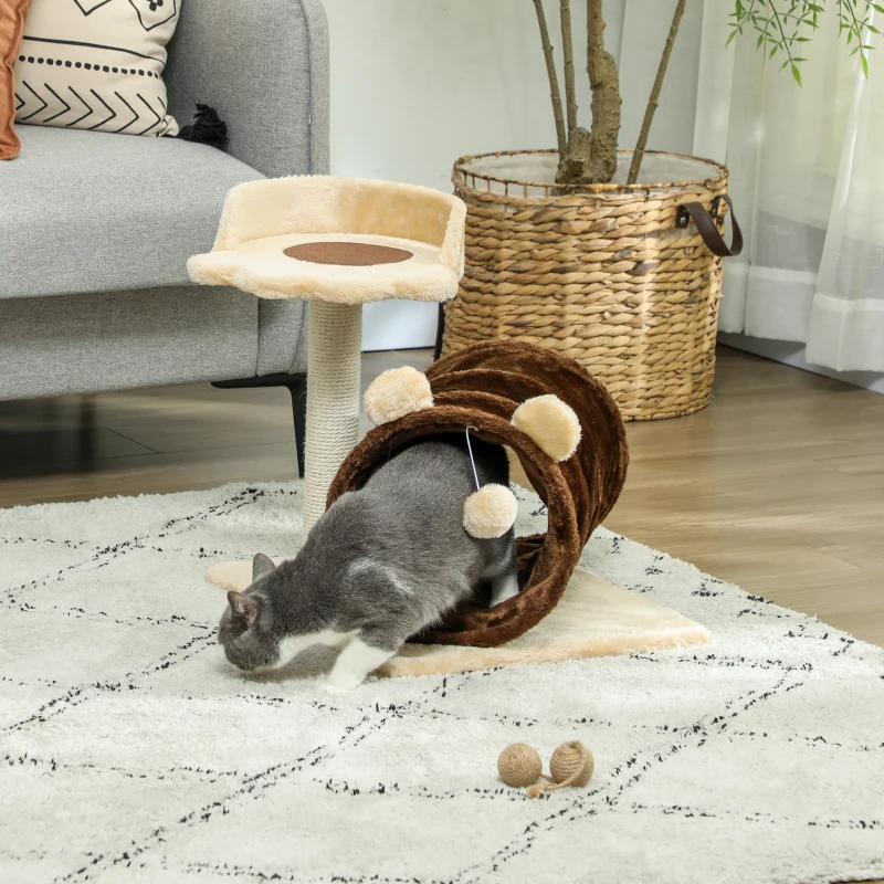 PawHut Arranhador para Gatos com Túnel Cama Plataforma Bola Suspensa e Poste de Juta 45x40x47 cm Marrom Escuro