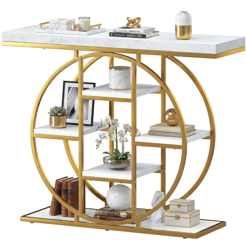 HOMCOM Masă consolă pentru hol Mobilier de intrare industrial 6 rafturi depozitare blat 4cm 100 x 30 x 81,5cm Alb