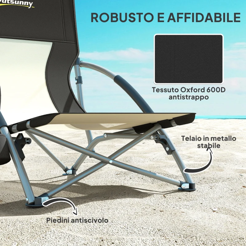 Outsunny Sedia da Spiaggia Pieghevole con Schienale a Rete e Portabicchieri, in Metallo e Tessuto Oxford, 58x55x62 cm, Nero