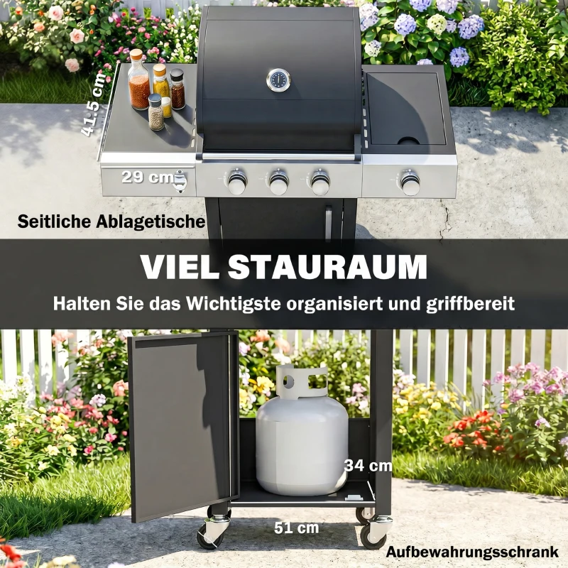 Outsunny Gasgrill 10,5 KW 3+1 Brenner BBQ Grillwagen Edelstahl inkl Seitenbrenner Flaschenöffner Thermometer Gusseisen-Grillrost