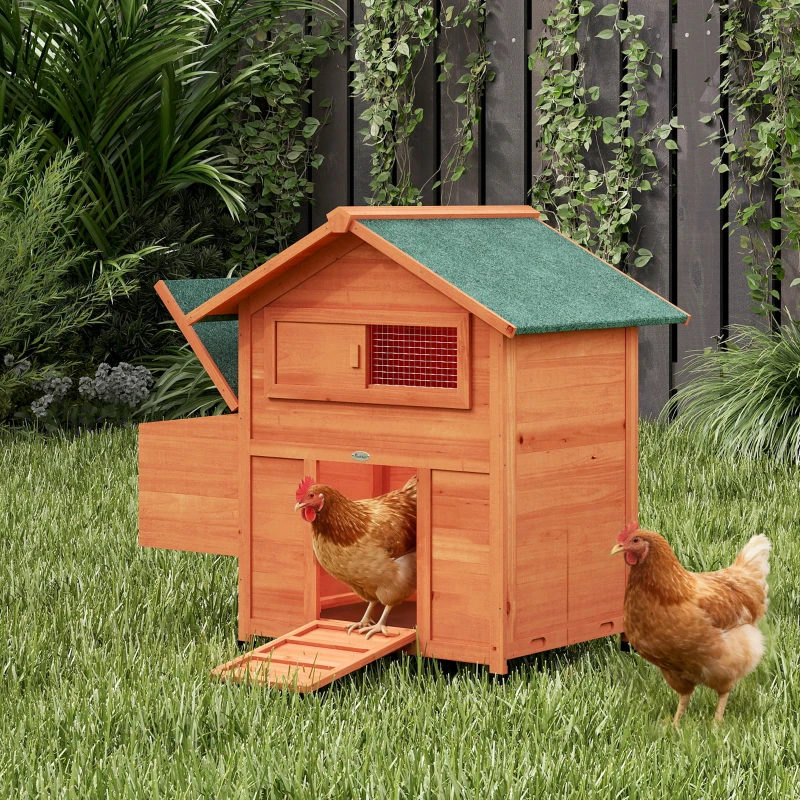 PawHut Pollaio in Legno con Nido, Tetto Impermeabile, Vassoio Estraibile, 2 Trespoli, Rampa, Finestra, per 2 Galline, Anatre,Arancione