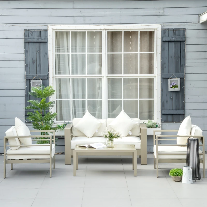 Outsunny 4 Pieces Outdoor Garden Furniture Set - Aluminium Frame Backyard Furniture with Thick Padded Cushions for Loveseat, 2 Chairs, and Glass Top Table, Champagne Gold