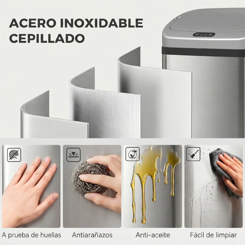 HOMCOM Cubo de Basura Cocina Automático 48 L Sensor Infrarrojo Cierre Automático Antihuellas Acero Inoxidable Plata