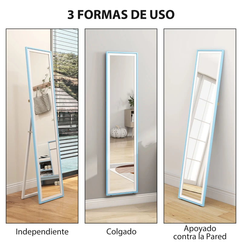 HOMCOM Espejo de Pie Cuerpo Entero con Marco de MDF Espejo de Pared Rectangular con 2 Formas de Uso 37x4x157 cm Blanco y Azul