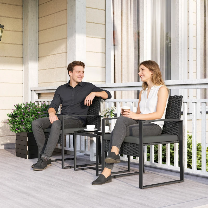 Outsunny Rattan Bistro Set, 3 Piece Garden Furniture Set with Glass Top Table and Cushions, Dark Grey