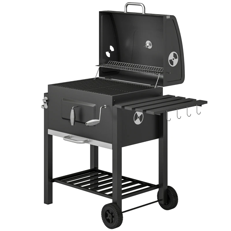 Outsunny Barbacoa de Carbón con Ruedas Barbacoa con Tapa Parrillas de Acero Inoxidable Termómetro 113x65x108 cm Negro
