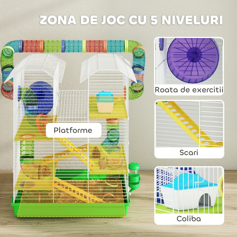 PawHut Cușcă pentru Hamsteri și Rozătoare Mici cu 5 Niveluri, Tubi Colorati, Roată, Căsuță și Accesorii Incluse, 47x30x59 cm, Verde