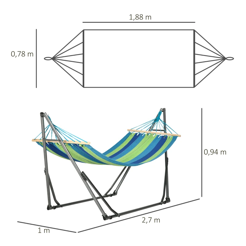 Outsunny Hamaca con Soporte Plegable 2 en 1 Tendedero con Barra Estructura de Acero para Jardín 270x100x94 cm Azul y Verde