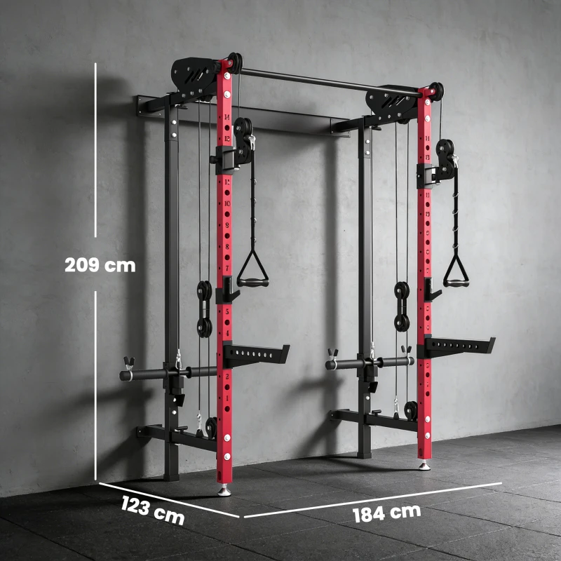 SPORTNOW Station de Musculation Pliable 700 kg Hauteurs Réglables avec Poulies Doubles, Supports de Barre, 184x123x209cm, Rouge