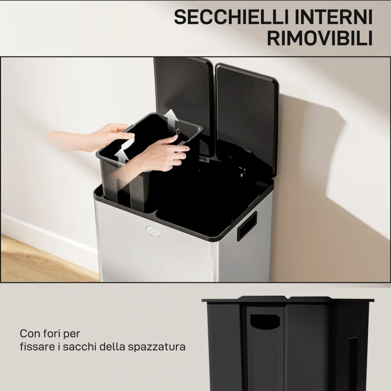 HOMCOM Pattumiera Differenziata 28L con 2 Scomparti a Chiusura Silenziosa, in Acciaio Inox e PP, 45.8x36x67.6 cm, Argento