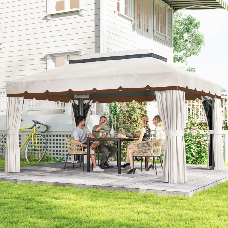 Outsunny Pérgola de Jardim 390x290x270 cm com 4 Cortinas Laterais 4 Telas Mosquiteiras e 8 Orifícios de Drenagem Creme