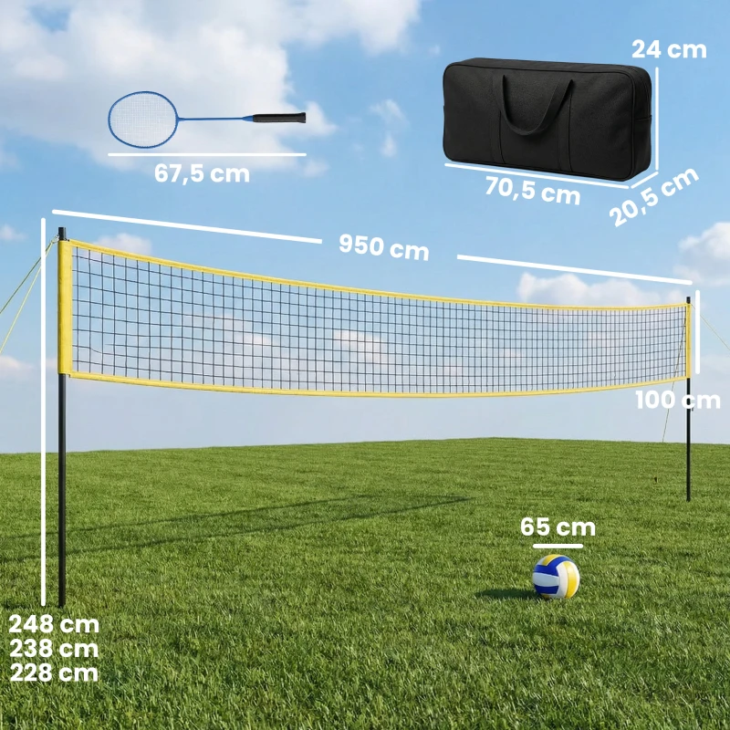 SPORTNOW Ensemble de Volley-Ball et Badminton, Poteaux en Acier Hauteur Réglable, Sac de transport, pour Pelouse Plage Jardin