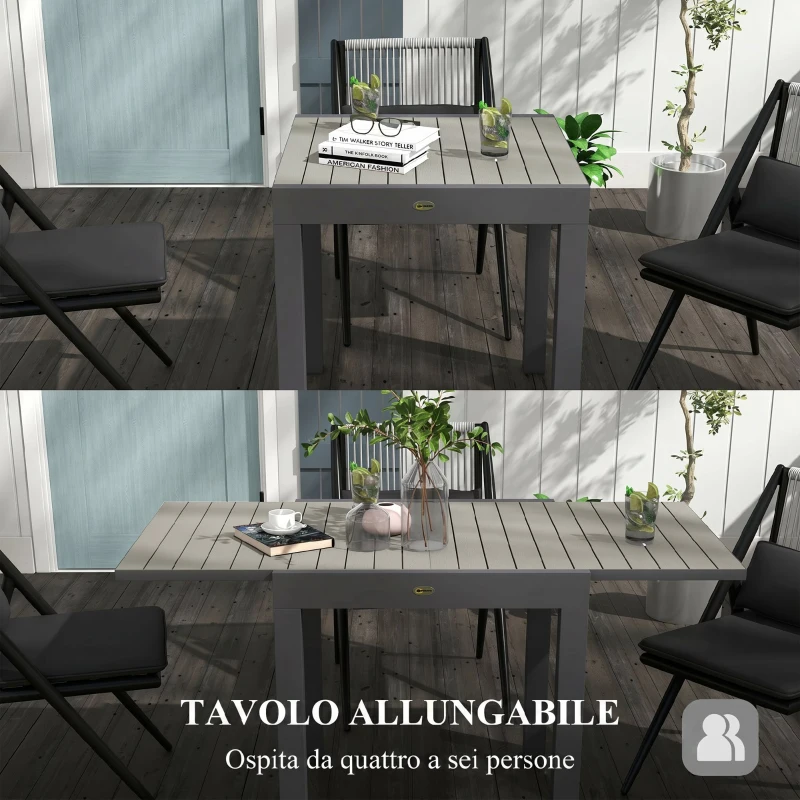 Outsunny Tavolo da Giardino Allungabile per 4-6 Persone con Piano a Doghe, in Alluminio, 81/162x80x75 cm, Grigio
