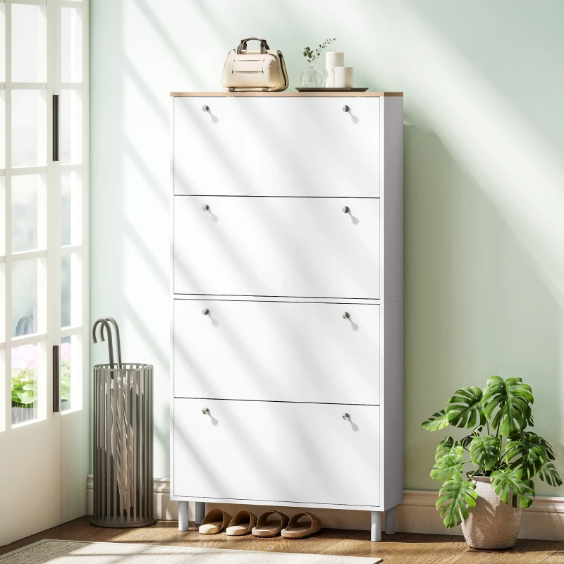 HOMCOM Dulap pentru Pantofi 32 Perechi cu 4 Sertare Rabatabile, Rafturi Reglabile, Modern, 80 x 23,5 x 157 cm, Alb