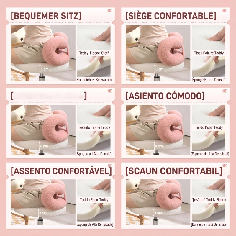 HOMCOM Scaun rotativ cu înălțime reglabilă, cu spătar curbat, din material Teddy, 50x50x63-77 cm, alb și roz