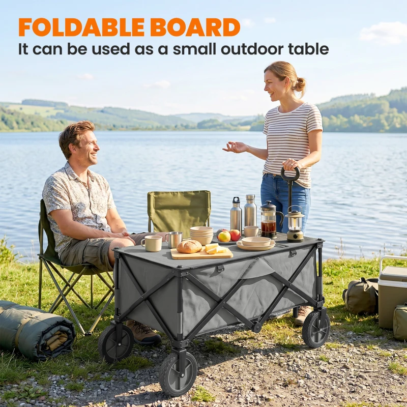Outsunny Garden Trolley, Cargo Traile on Wheels, Folding Collapsible Camping Trolley, Outdoor Utility Wagon, Dark Grey