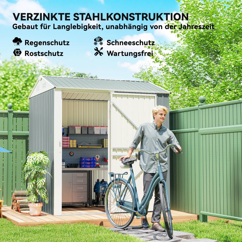 Outsunny Metall Gerätehaus 3,5 m², Hoher Abschließbar Geräteschuppen mit Sattedach Lüftungen Handschuhen, 209 x 177 x 236 cm