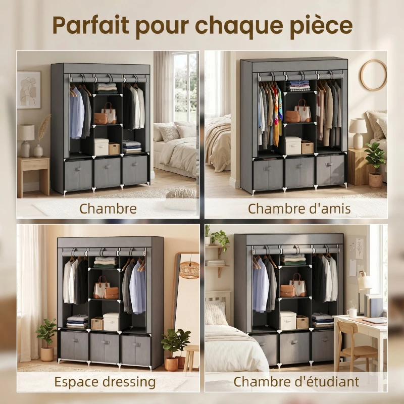 HOMCOM Armoire de rangement en tissu pliable avec 5 étagères, 2 tringles et 3 tiroirs en tissu 125L x 43l x 162.5H cm