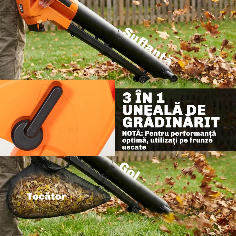 Outsunny Suflantă Aspirator Frunze 3-în-1, 3000W, Tocător, Sac 40L, Ușor, 4 Roți, Curea Reglabilă, Portocaliu
