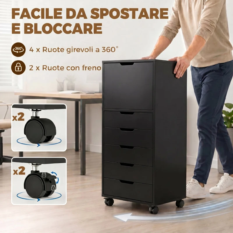 HOMCOM Mobile Archivio Stampante con 5 Cassetti e Ruote, Nero