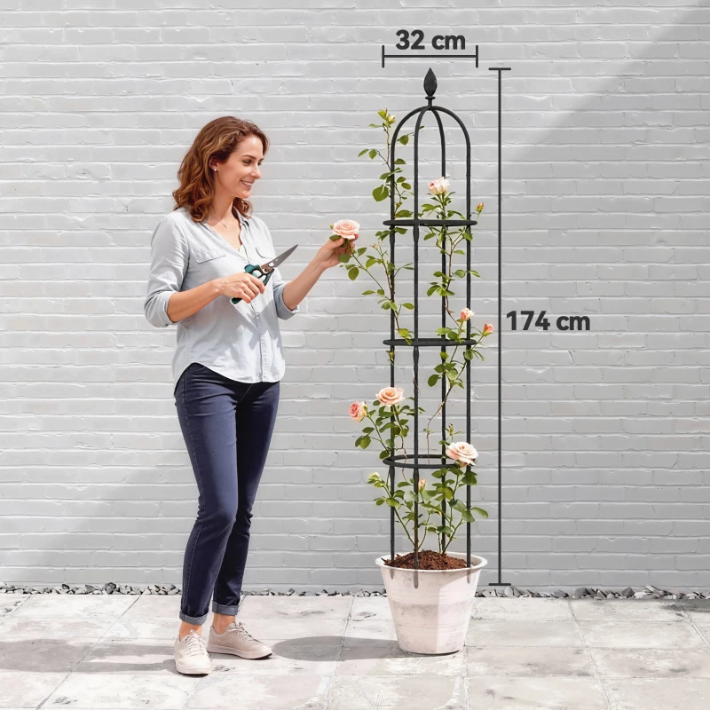 Outsunny Juego de 2 Obeliscos de Jardín de Acero PE 1,74 m Enrejados para Plantas Trepadoras Rosas para Exterior Patio Negro