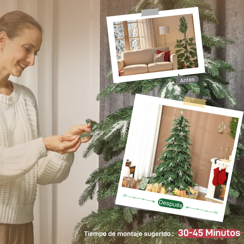 HOMCOM Árbol de Navidad Artificial 180 cm Ramas Realistas con Efecto Nieve Soporte de Acero Base Plegable Montaje Rápido