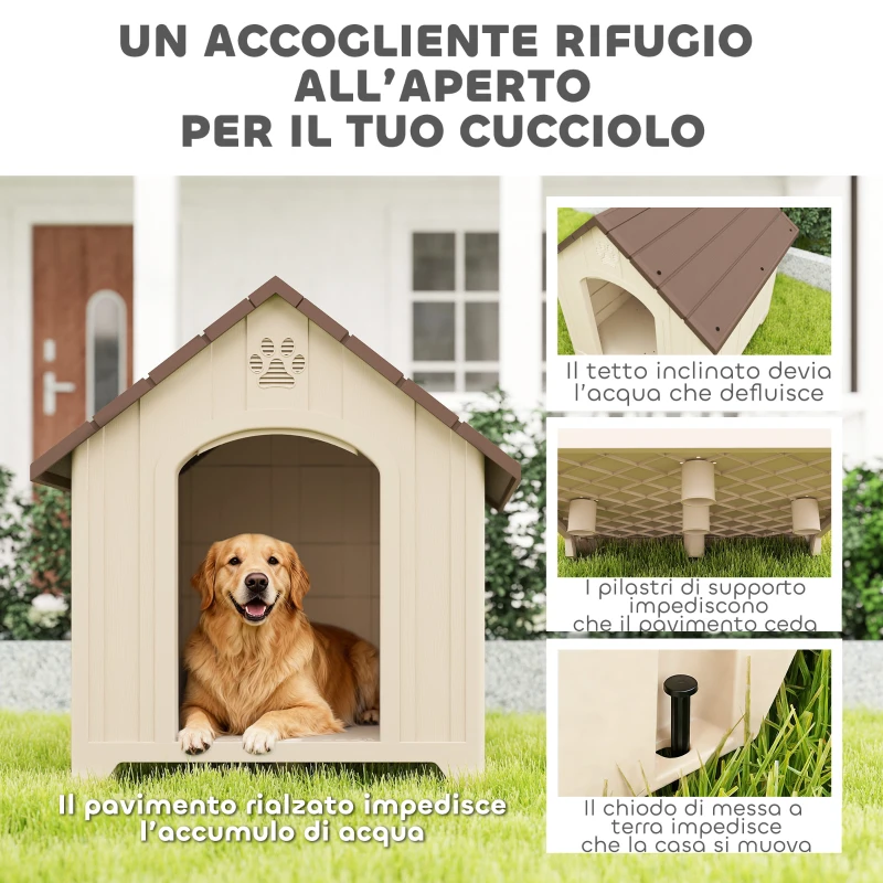 PawHut Cuccia per Cani Rialzata con Tetto Inclinato e Prese d'Aria, in PP, 88x78x89 cm, Beige e Marrone Scuro