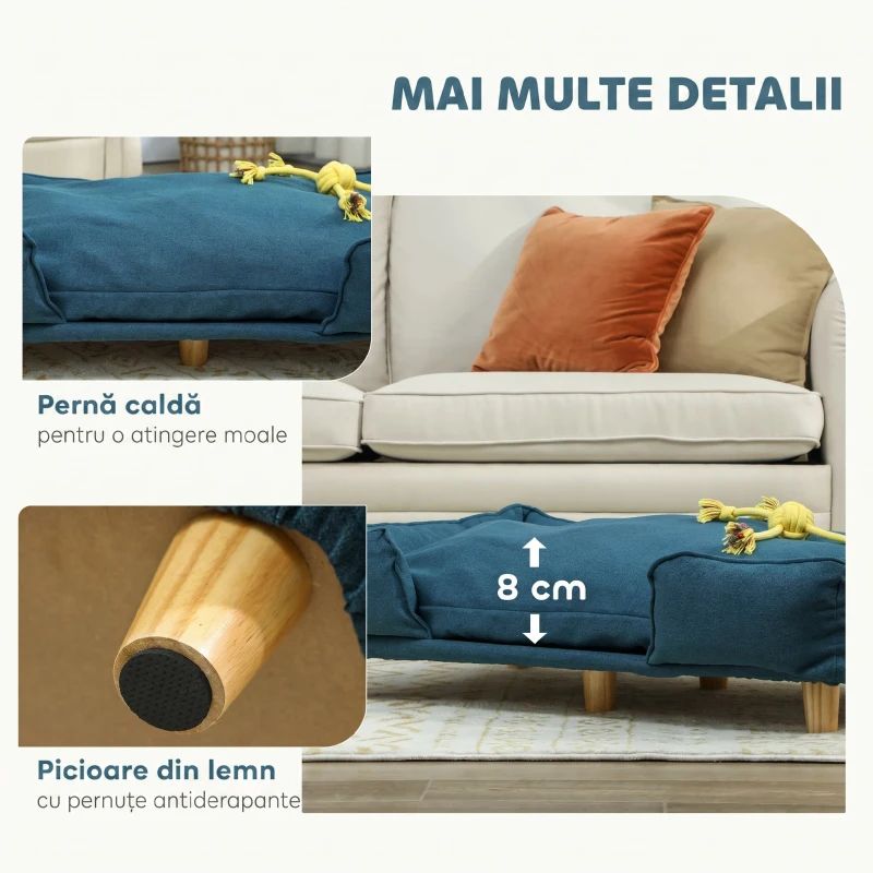 PawHut Canapea Lettino pentru Câini Mari de până la 30 kg de Interior cu Pernă Detașabilă, 96x66x24 cm, Albastru