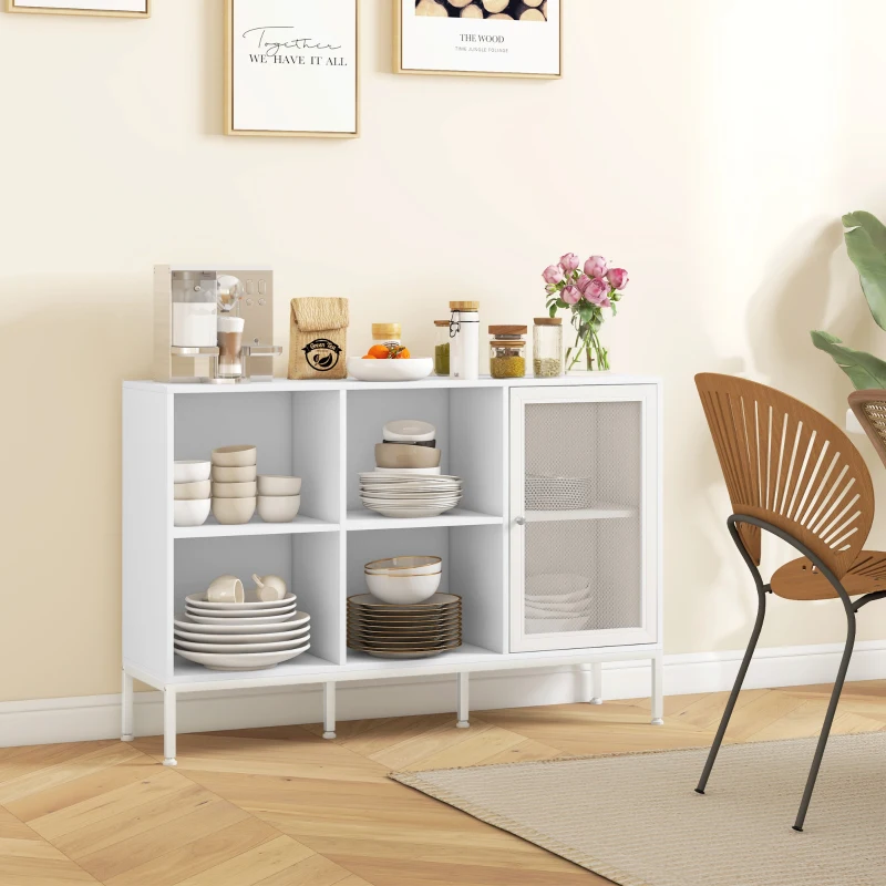 HOMCOM Mobile Buffet con 4 Ripiani Aperti e Armadietto, in Truciolato e Acciaio, 120x37x81.5 cm, Bianco