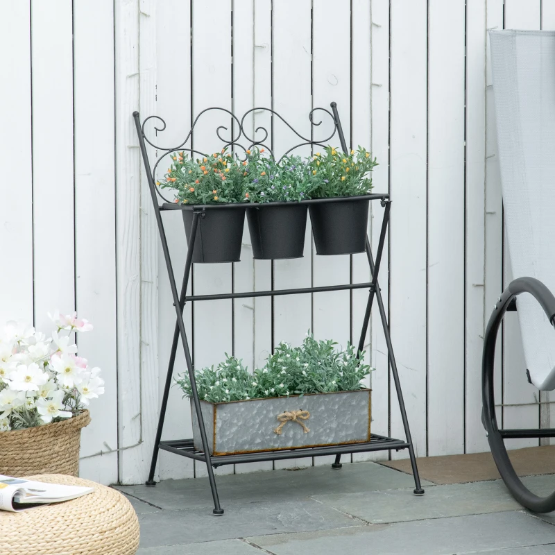 Outsunny Portapiante in Metallo Pieghevole con 3 Vasi e Ripiano Inferiore per Casa e Giardino, 47x37x78.5cm, Nero