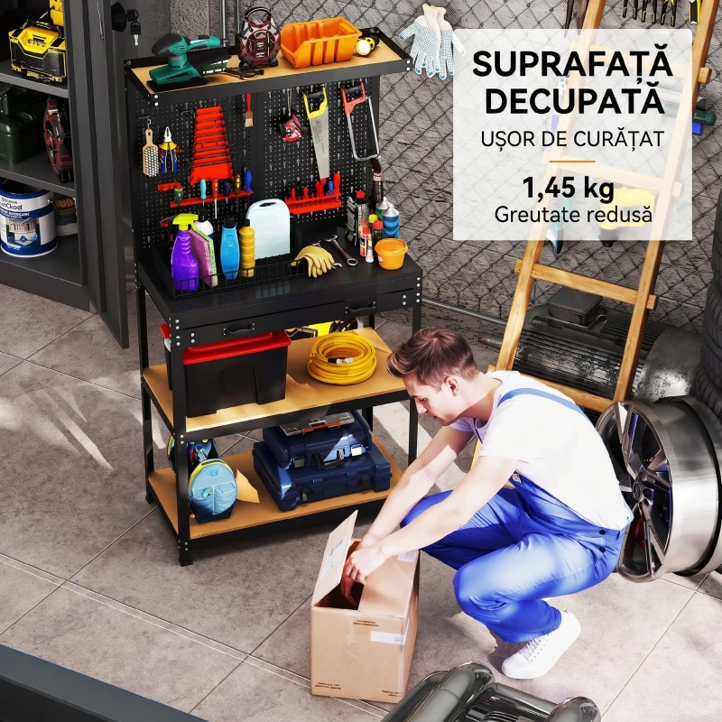 HOMCOM Banc de lucru cu panou perforat pentru scule, 2 rafturi și sertar, din oțel și lemn, 80x40,5x155 cm, negru