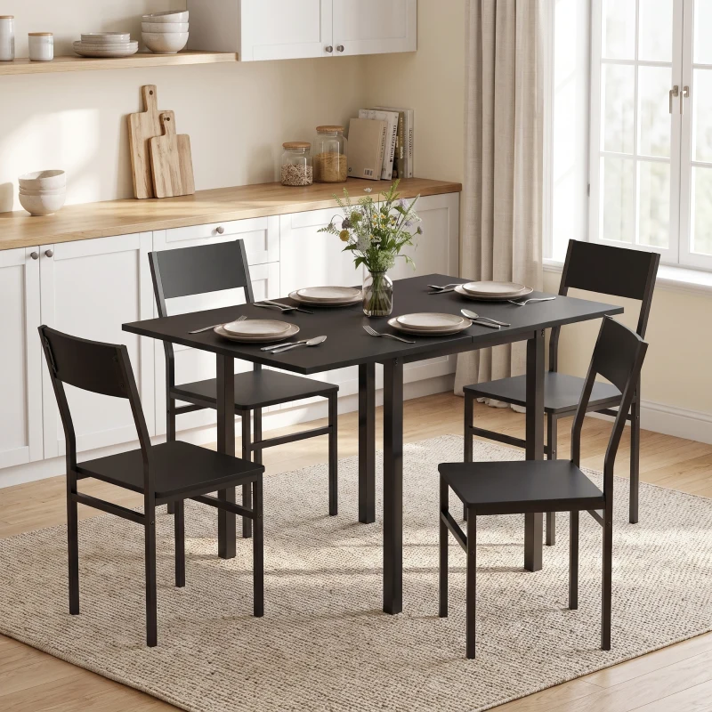 HOMCOM Juego de Mesa de Comedor con Mesa Extensible y Sillas Apilables, Negro