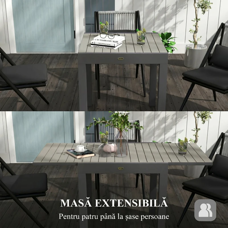 Outsunny Masă de Grădină Extensibilă pentru 4-6 Persoane cu Blat cu Șipci, din Aluminiu, 81/162x80x75 cm, Gri