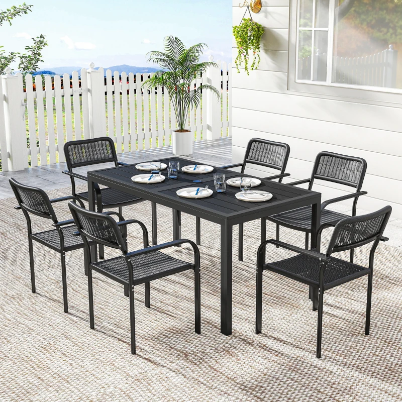 Outsunny Garden Dining Set for 6, Faux Wood Metal Outdoor Table and Stackable Chairs with Plastic Rattan Effect Seat, Black