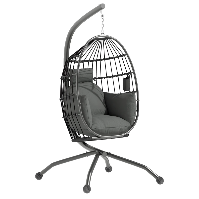 Outsunny Fauteuil suspendu, fauteuil oeuf suspendu panier pliable, coussin rembourré, porte-gobelet, 120x88x192cm, gris foncé