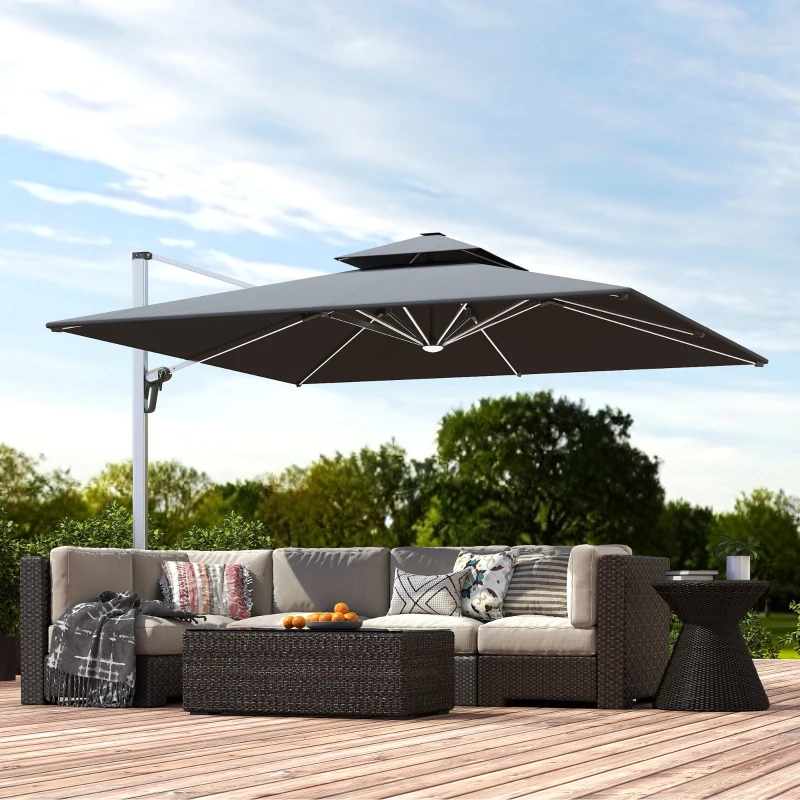 Outsunny 3(m) Garden Cantilever Parasol with Solar LED Lights, Cross Base, 360° Rotation, Crank Handle and Tilt, Grey