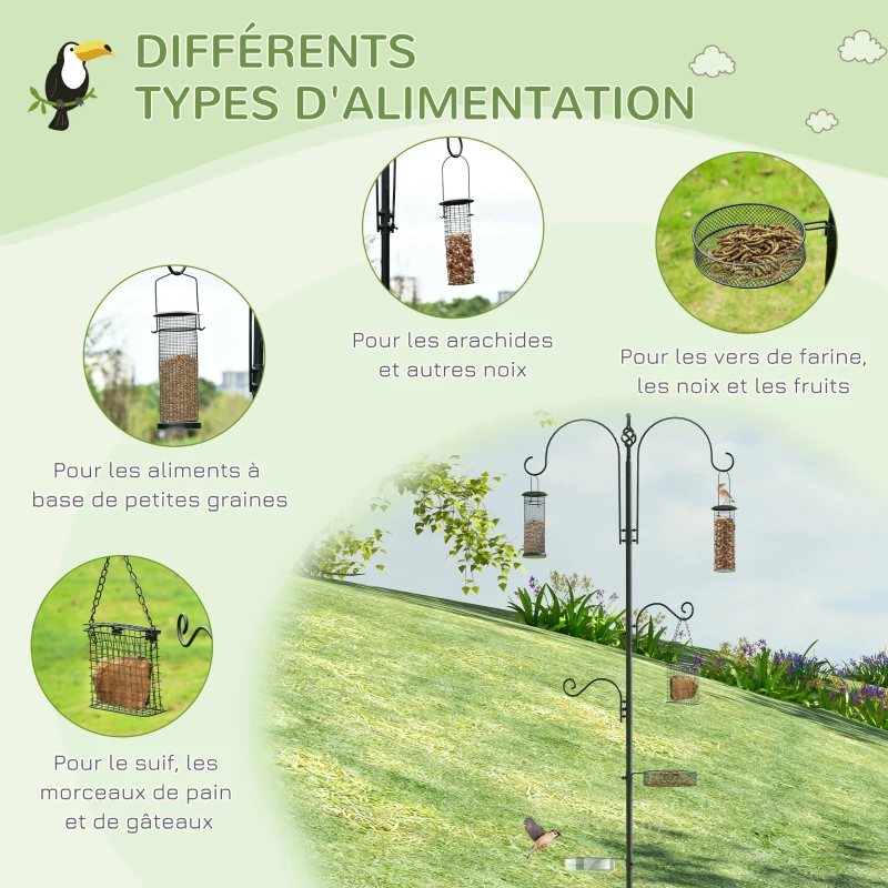 PawHut Station d'alimentation pour oiseaux en acier, mangeoir à oiseaux sur pied 208H cm avec 4 crochets, noir