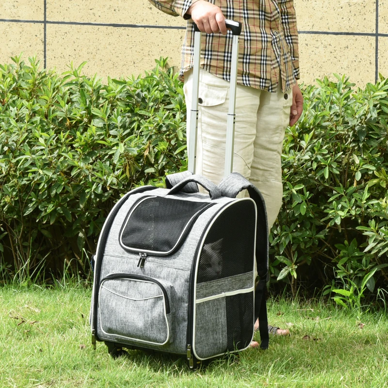 PawHut Sac de transport transporteur pour animaux 2 en 1 trolley chariot panier à roulette chariot sac à dos amovible respirable charge max. 10 kg tissu oxford gris