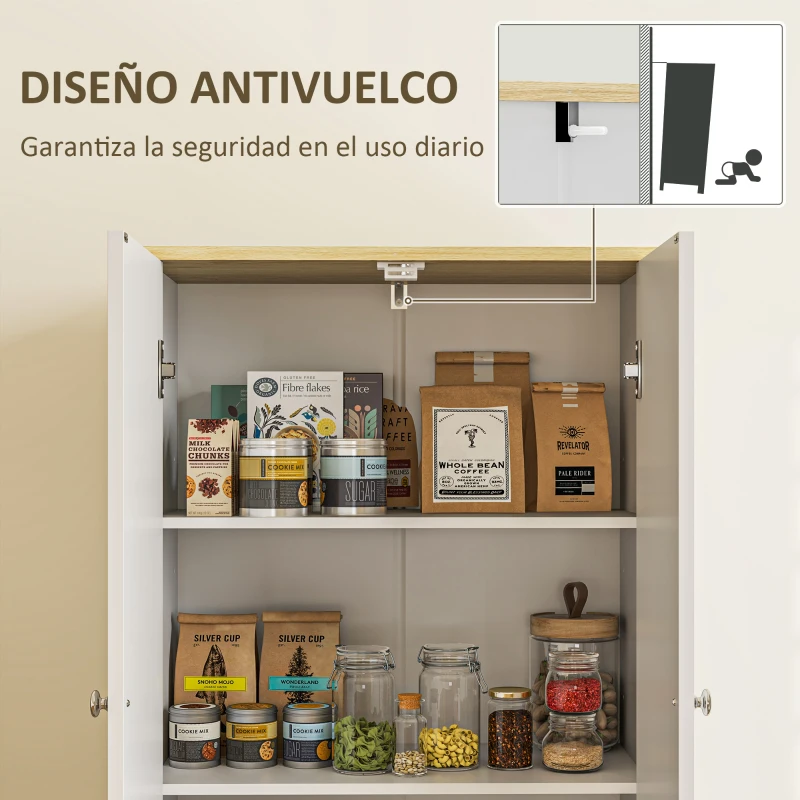 HOMCOM Alacena de Cocina Mueble Auxiliar de Cocina con 4 Puertas y Estantes Ajustables para Comedor Salón 60x30x183 cm Blanco