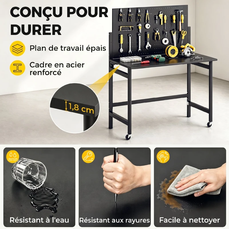 HOMCOM Établi d'atelier pliable à roulettes, 115x62x143,5cm, plan de travail avec panneau perforé, 30 crochets, noir