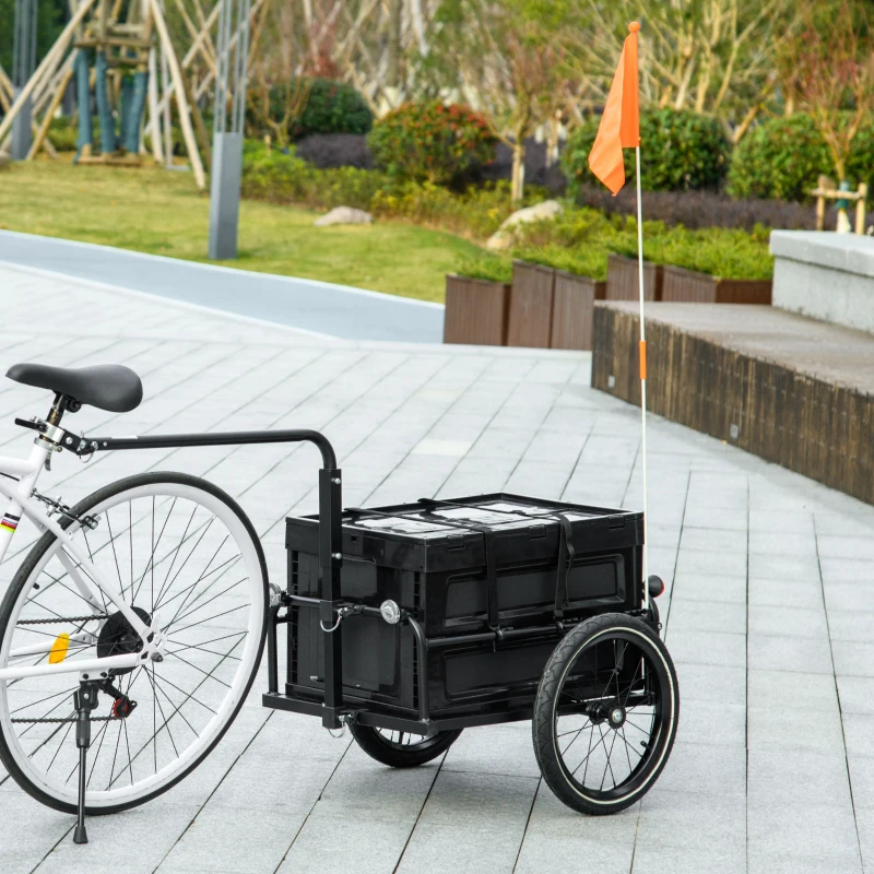 HOMCOM Remorque à vélo avec coffre de rangement amovible et pliable de 65L, réflecteurs de sécurité, charge max. 40KG, noir(m-10)