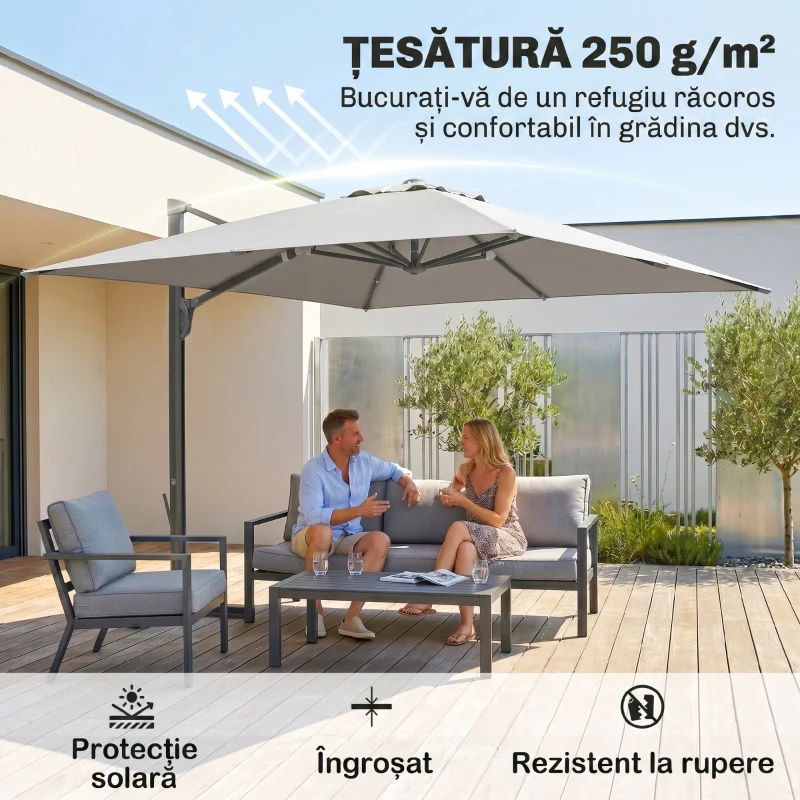 Outsunny Umbrelă Suspendată cu manivelă și bază în cruce, din poliester, aluminiu și metal, 365x297x256 cm, gri deschis